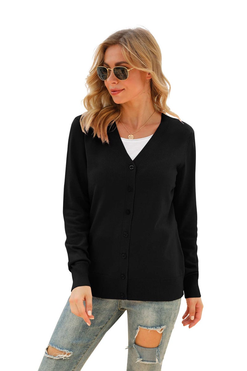 VIISHOW Women Long Sleeve Button Down V Neck Lightweight Basic Knit Sweater Cardigan, Black, Small - Image 3